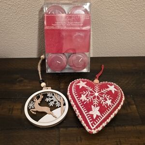 Red Embroidered Wool Heart, Reindeer Snowflake & 6 Red Peppermint Votives